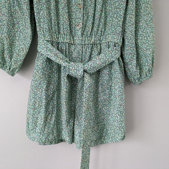 FRNCH Romper Women's Large Green Floral Talia Sage Tie Waist Puff Sleeve - Picture 10 of 10